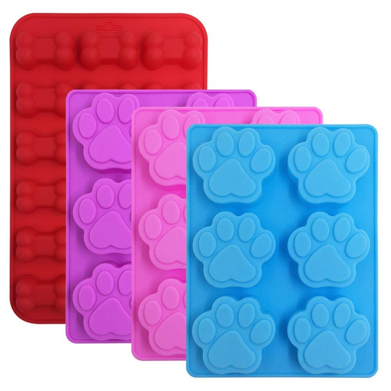 FineGood 4 Pcs Silicone Candy Chocolate Molds, FineGood Puppy Dog Paw & Bone Shaped Ice Cube Trays Cookies Baking Pans for Making Frozen Dog Treats Soap Bars - Red, Blue, Purple, Pink - Image 1